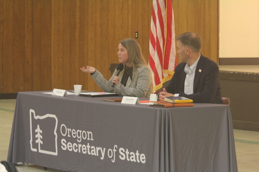 Coos County Clerk Julie Brecke, left, joined Oregon Secretary of State Tobias Reed at a town hall event in North Bend on Thursday.