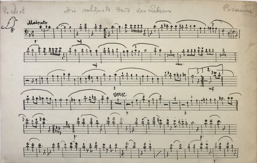 Handwritten musical notes with title of song "Die schönste Zeit des Lebens" and "foxtrot" written across the top