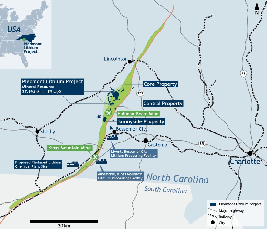 Map shows the area of Lithium deposits in Gaston County (green), as well as areas Piedmont Lithium is considering for a mine that would open in 2023.