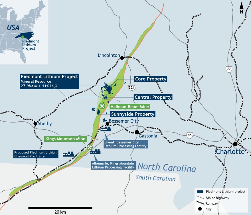 Map shows the area of Lithium deposits in Gaston County (green), as well as areas Piedmont Lithium is considering for a mine that would open in 2023. 