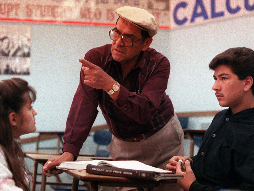 Jaime Escalante is seen here teaching math at Garfield High School in Los Angeles in March 1988. Many of Escalante's former students are raising money to help pay for their teacher's medical costs as he battles bladder cancer.
