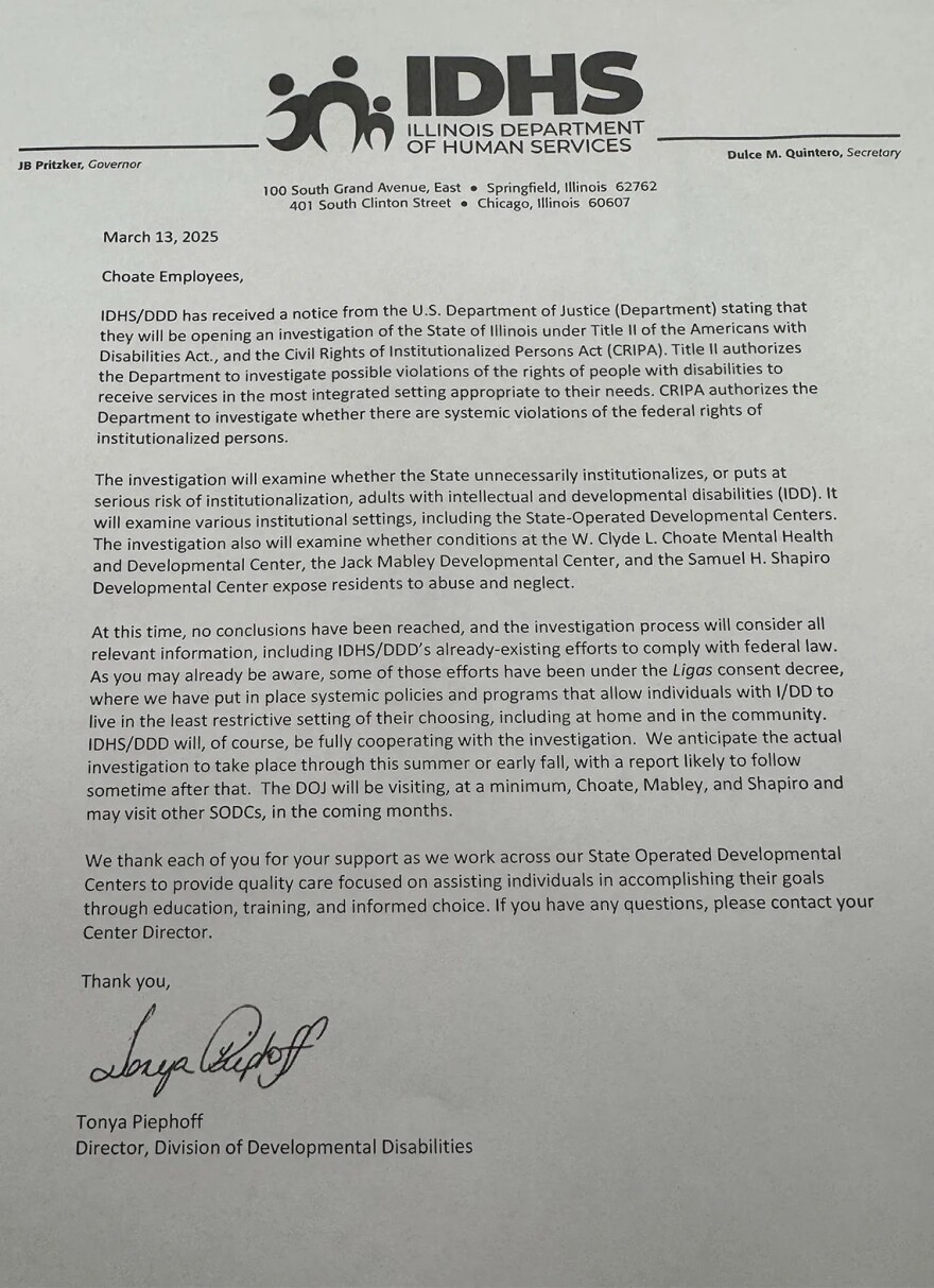 A letter from Tonya Piephoff, director of the Illinois Department of Human Services’ Division of Developmental Disabilities, notifying staff of the DOJ investigation.