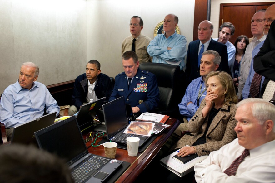 President Barack Obama, Vice President Joe Biden, Secretary of State Hillary Rodham Clinton and other members of his national security team as they monitored the mission that ended with the death of Osama bin Laden in May 2011.