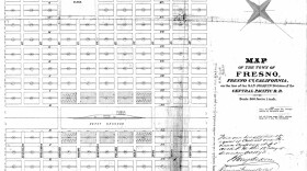 An 1872 map of the new town of Fresno, founded by the Central Pacific Railroad.