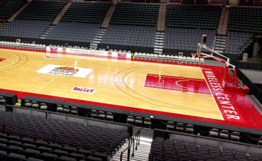 View of the basketball court and seats inside the iWireless Center