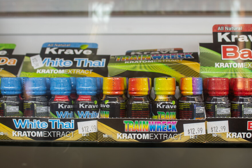 Kratom porducts line the shelves of a smoke shop in Oklahoma City.