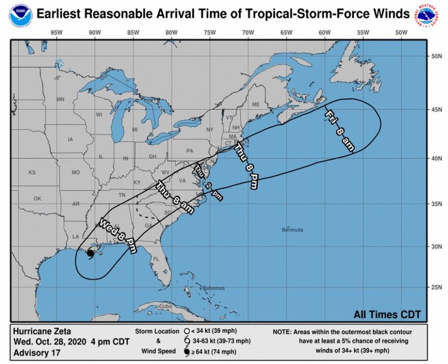 The forecasted arrival times of tropical storm force winds. All times are Central time.