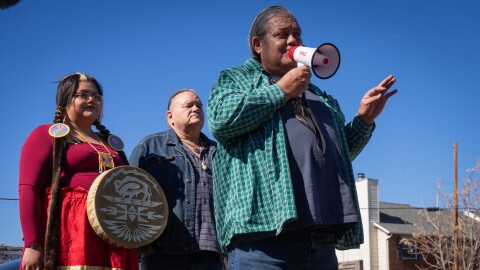 Members of the Timpanogos Nation thank the group for coming to the memorial walk. Left to right: Cici Jae Reed, Perry Murdock and Julian Reed.