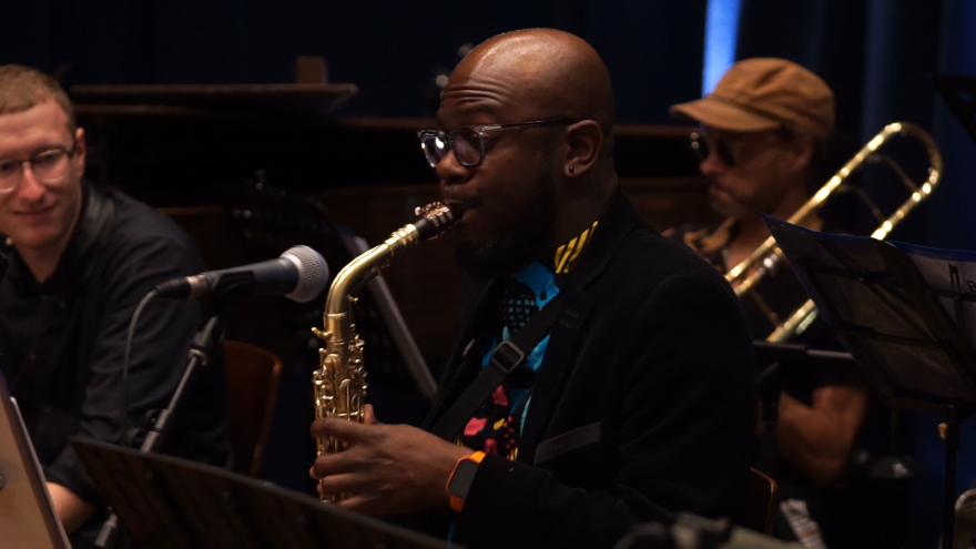 Evon J. Sams Nonet performing live in WNIJ's Studio A