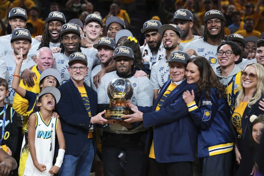 The Indiana Pacers team celebrates after winning Game 6 of the Eastern Conference finals of the NBA basketball playoffs against the New York Knicks in Indianapolis, Saturday, May 31, 2025.