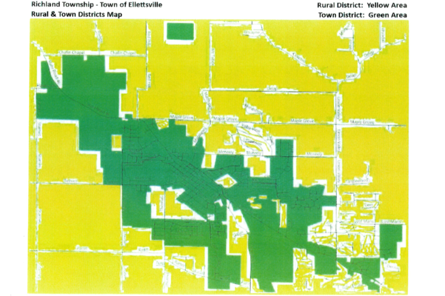 A map of the rural and urban districts of reorganized Ellettsville.