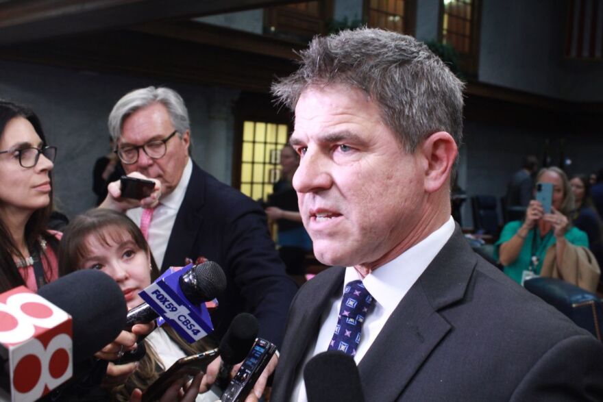 Indiana Senate President Rodric Bray (R-Martinsville) speaks with reporters Friday, Feb. 27, 2026 in the Indiana Statehouse.