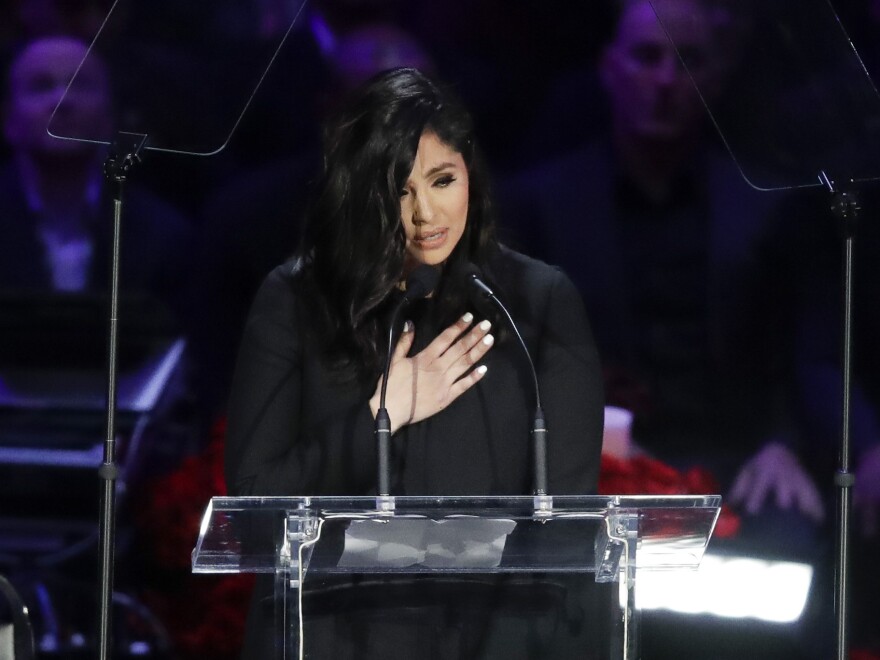 Vanessa Bryant speaks during a celebration of life for her husband Kobe Bryant and daughter Gianna at Staples Center.