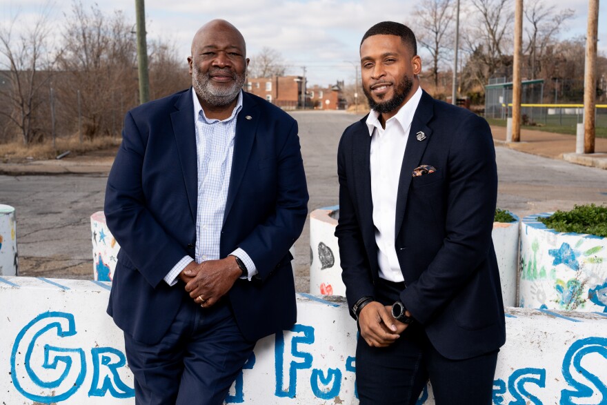 Outgoing Boys and Girls Clubs of St. Louis President Dr. Flint Fowler and his successor Brandon Williams on Tuesday, Dec. 10, 2024, at the Boys & Girls Club of Greater St. Louis - Adams Park Club in north St. Louis.