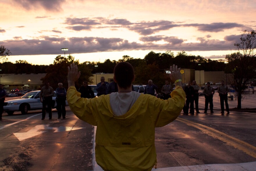 Protester outside Ferguson Walmart during Ferguson October