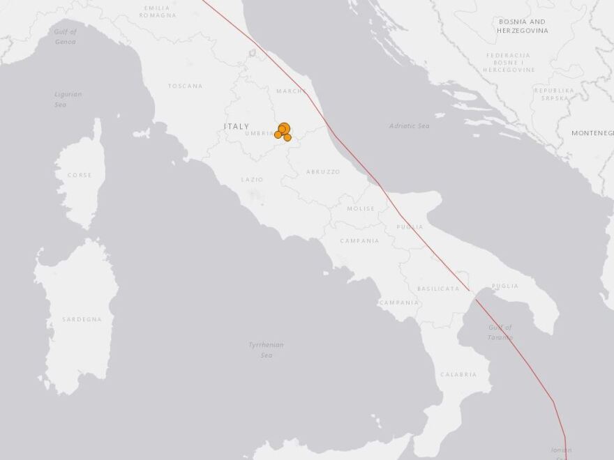 A U.S. Geological Survey map shows the location of a cluster of earthquakes that have hit Italy's Umbria region in the past week.
