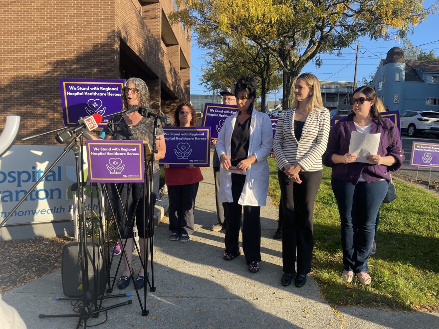 Susan Wiggins, a Commonwealth Health employee and SEIU Union member, speaks at a press conference Wednesday afternoon.