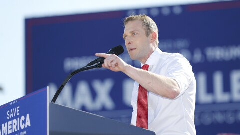 Republican congressional candidate Max Miller speaks at the Save America rally at the Delaware County Fairgrounds