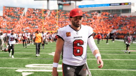 Tampa Bay Buccaneers quarterback Baker Mayfield (6) leaves the field after a 33-27 loss to the Cincinnati Bengals in an NFL football game Sunday, Sept. 13, 2026, in Cincinnati.  