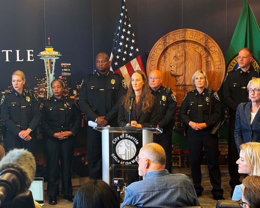 Seattle Mayor Katie Wilson addresses questions about her decision to ask Police Chief Shon Barnes to resign during a press conference Friday, July 31, 2026.