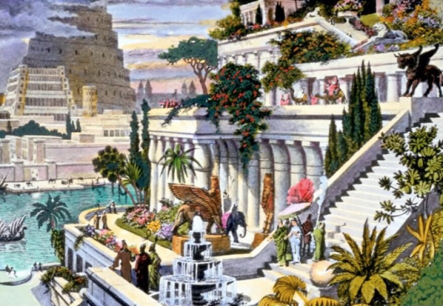 A 19th century hand-colored engraving depicting the Hanging Gardens of Babylon