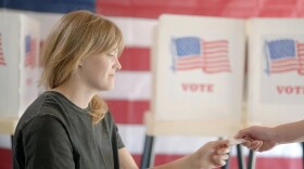 voter worker looks at the ID of a voter in a precinct setting, voting booths in background 