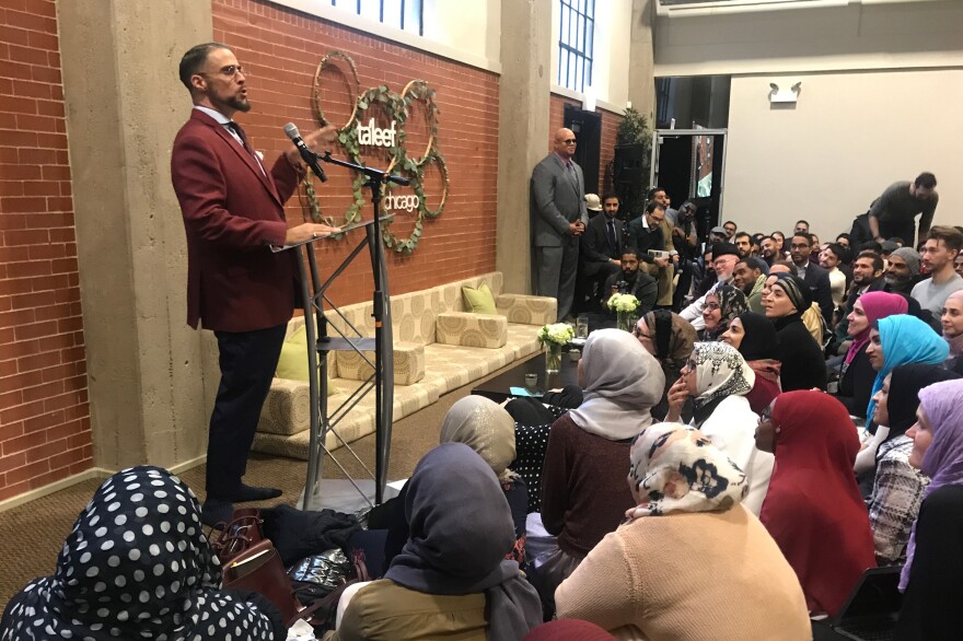 In one of his last talks before taking a leave of absence, Usama Canon addresses a crowd at Ta'leef Chicago's campus.
