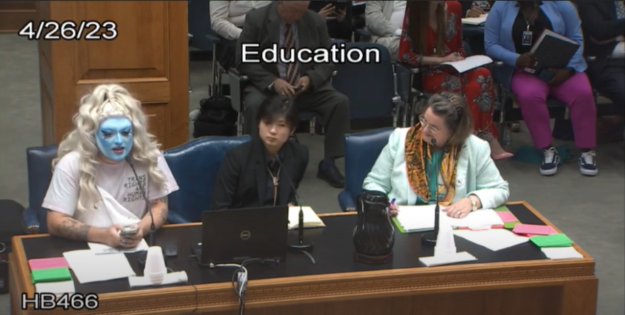 Maxwell Cohen (left) testifies at the Louisiana State House along with more than 40 others to speak out against House Bills 466 and 81, April 27, 2023.