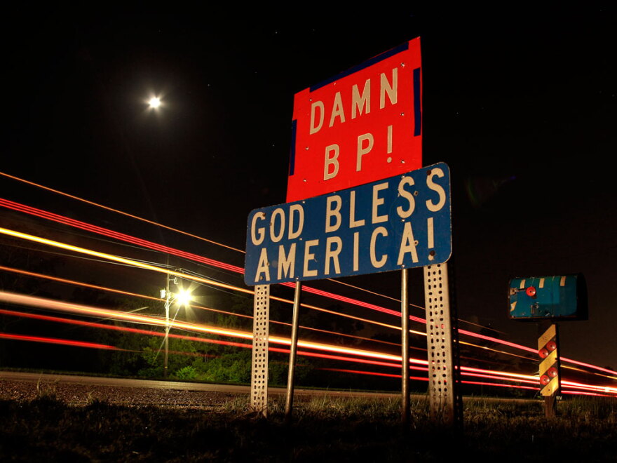 A sign chastising BP is seen along a highway south of Belle Chasse, La.