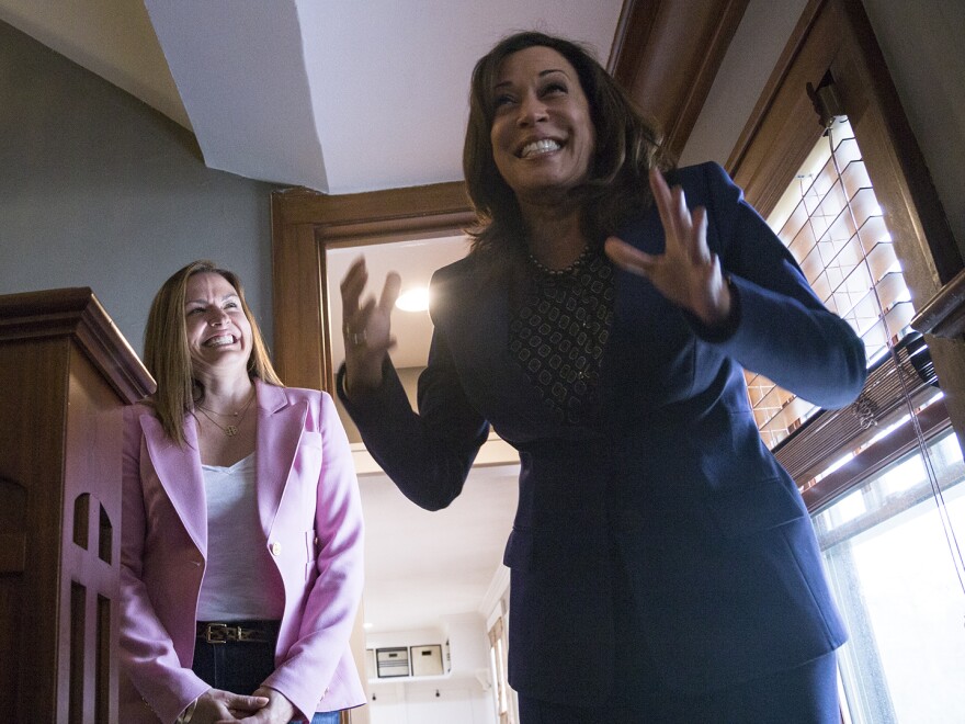 Liz Adelman (left) hosted presidential candidate Sen. Kamala Harris, D-Calif., in her Des Moines home. Adelman says it's surreal to host a candidate in her living room.