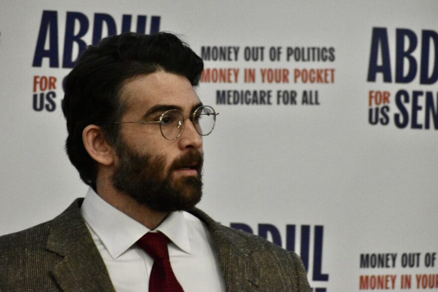 Streamer and political influencer Hasan Piker speaks at an event with Democratic U.S. Senate candidate Abdul El-Sayed on the campus of Michigan State University in East Lansing, Mich. on April 7, 2026