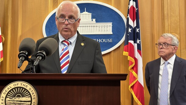 Sen. Terry Johnson (R-McDermott, left) and Gov. Mike DeWine (right) in August 2026.