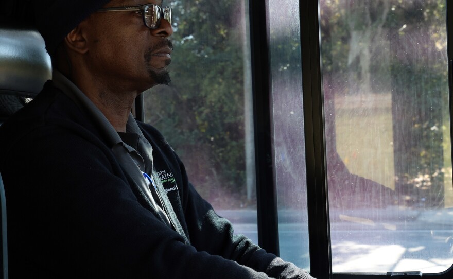 RTS Bus Driver Edward Hines drives the roads that make up route 76 in Gainesville, Fla. on Thursday, Nov. 13, 2025.