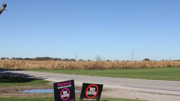 Protect Grove City signs across from the site that Headwaters is seeking to develop into a data center campus of at least six warehouses of servers.