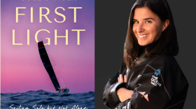 The cover of "First Light" beside author Cole Brauer. (Courtesy of Flore Hartout)