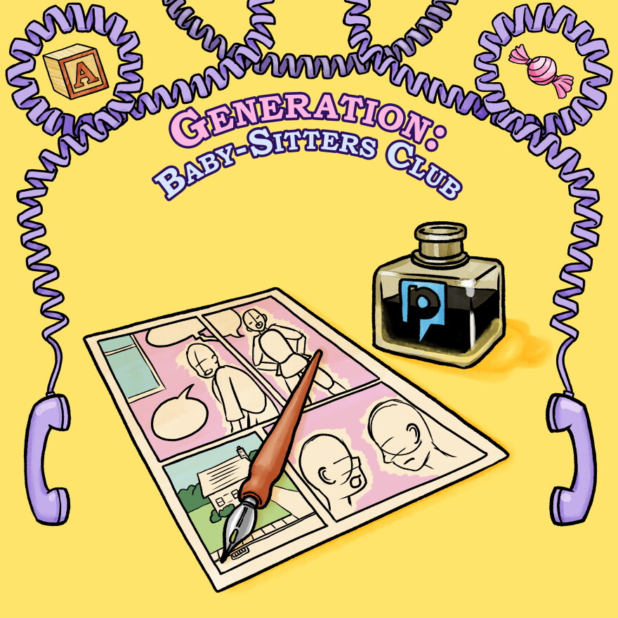 Illustration of a page from a graphic novel showing characters interacting. On top of the page is an ink quill with a bottle of ink next to it. The top of the image reads "Generation: Baby-Sitters Club."