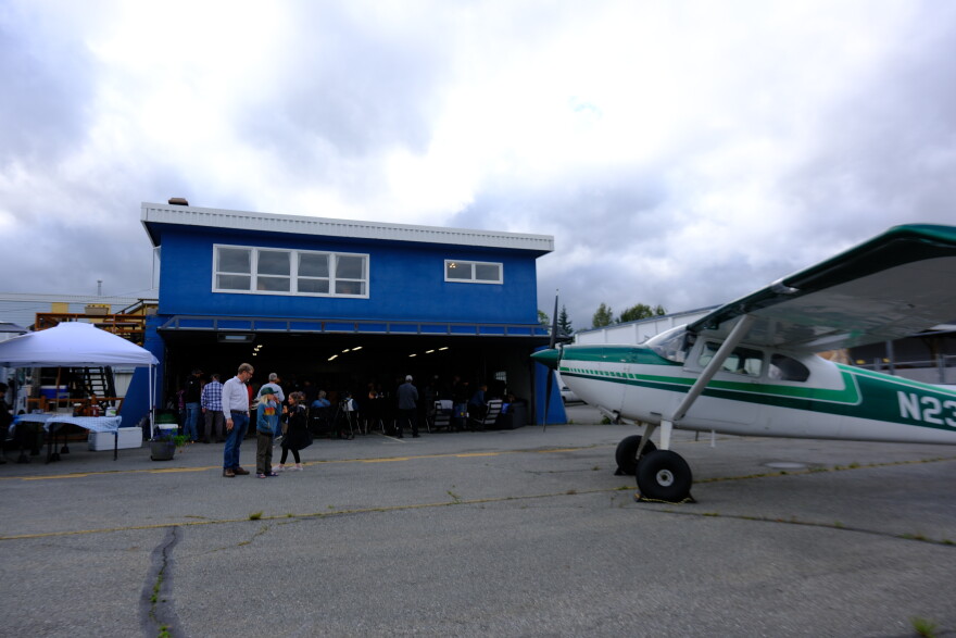 A crowd gathers at Paneok hangar at Merrill Field in Anchorage for the nonprofit launch on Aug. 25, 2026.
