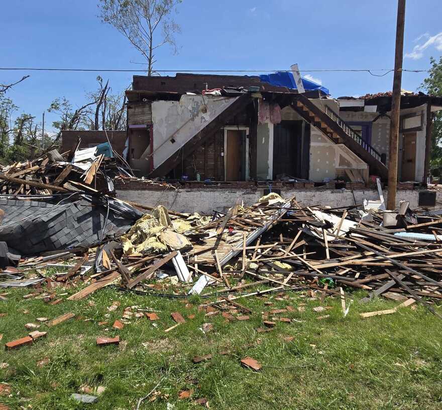 The home of 70-year-old Delois Holmes sits on Cote Brilliante Avenue in the Ville on Friday, May 30, 2025 after a tornado struck the St. Louis region on May 16.