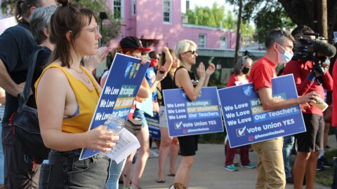 Bricolage Academy educators and supporters rally at Pagoda Café on N Dorgenois St. before Friday's union vote. May 28, 2021.