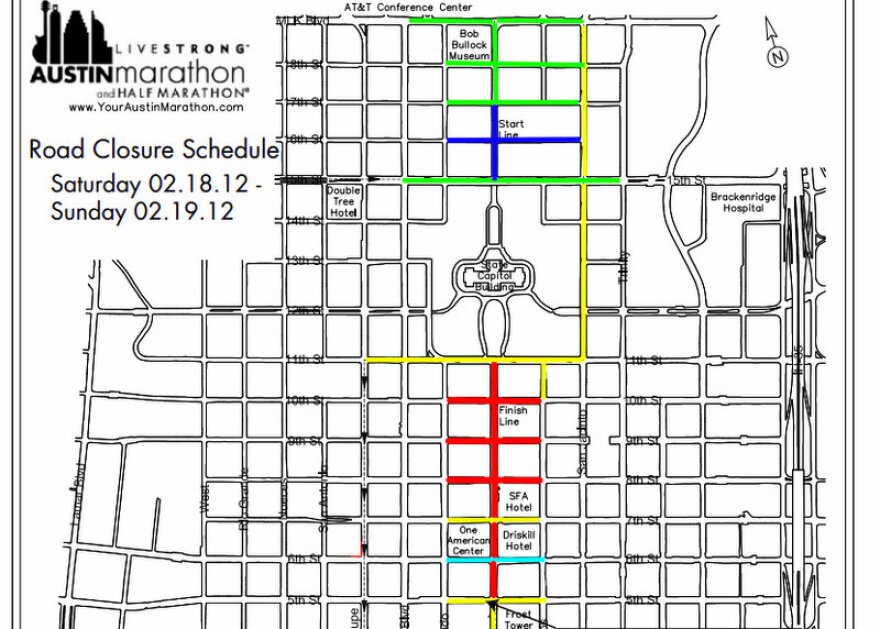 As seen in this map, numerous street closures accompany the LiveStrong Austin Marathon this weekend.