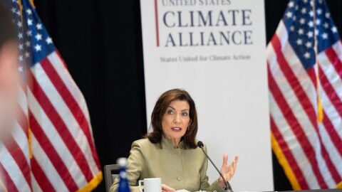 Gov. Kathy Hochul speaks during a roundtable discussion at the U.S. Climate Alliance in New York City on September 24, 2025
