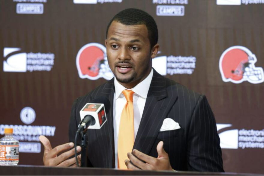  Cleveland Browns new quarterback Deshaun Watson speaks during a news conference at the NFL football team’s training facility, Friday, March 25, 2022, in Berea, Ohio.