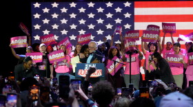 Democratic U.S. Senate candidate Angie Nixon and Vermont U.S. Senator Bernie Sanders embrace during their campaign rally together hosted at Tallahassee's the Moon event venue on Oct. 18, 2026.