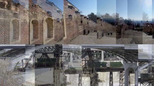 Two abstract photos of an Italian castle and a Cleveland bridge 