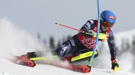 United States' Mikaela Shiffrin speeds down the course during an alpine ski, women's World Cup slalom, in Are, Sweden, Saturday, March 11, 2023.
