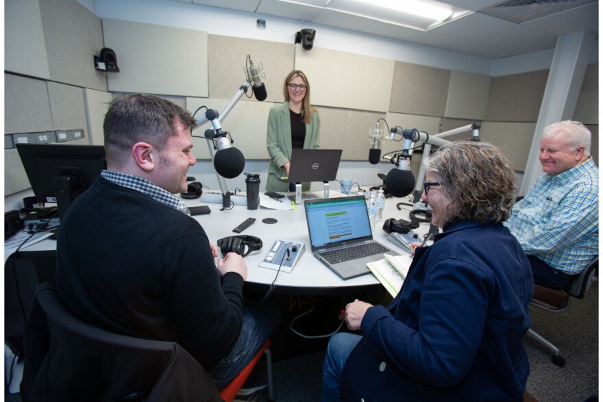 Carrie Saldo in the NEPM studios with panelists Steve Fox, UMass Amherst senior lecturer, Jill Kaufman, NEPM News reporter, and Matt Szafranski, editor in chief at Western Mass Politics & Insight, Friday, Feb. 9, 2024.