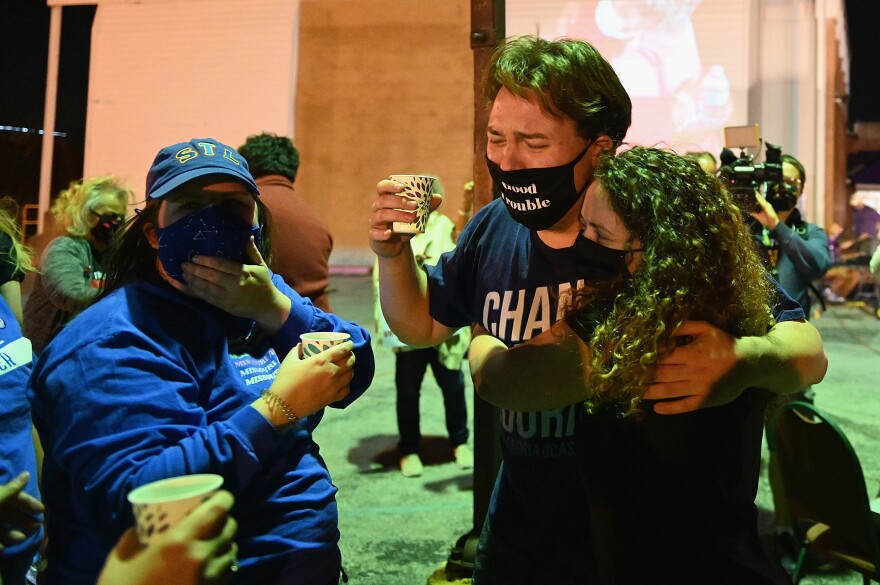 St. Louis Alderwoman Annie Rice embraces Brian Wingbermuehle after Jones won her mayoral contest. Rice is part of the more progressive wing of the Board of Aldermen who will have more backup after Tuesday's election results.