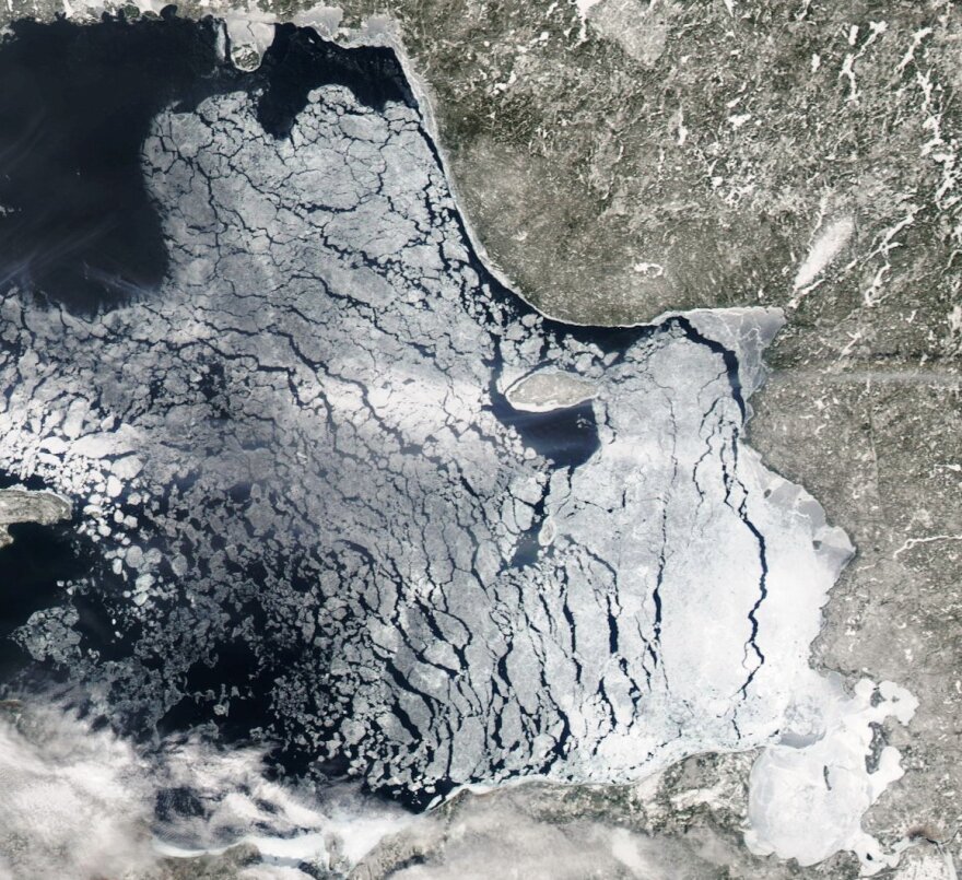 A satellite view of the ice on Lake Superior.