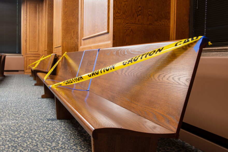 Benches in one of Allen County's extra courtrooms will be used for potential jurors as they wait their turn for questioning. Photo Credit: Rebecca Green/WBOI