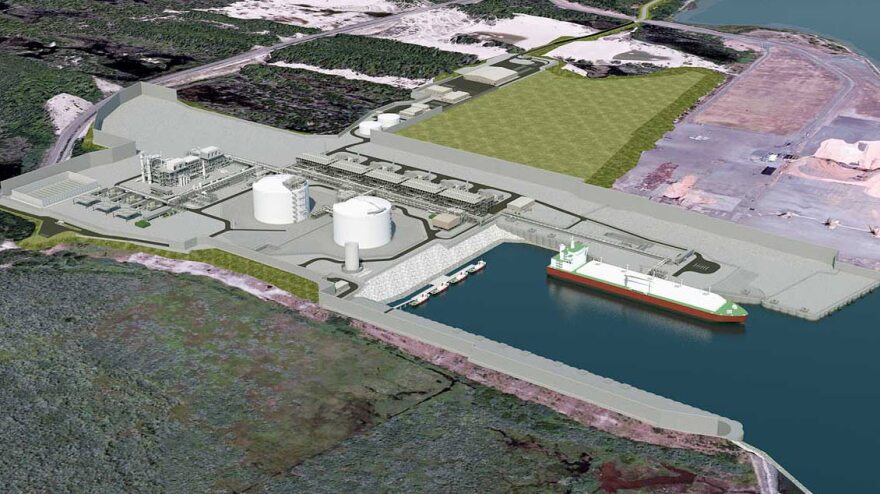 Jordan Cove artist's rendering of the southwest view of the proposed processing facility, marine slip and corridor